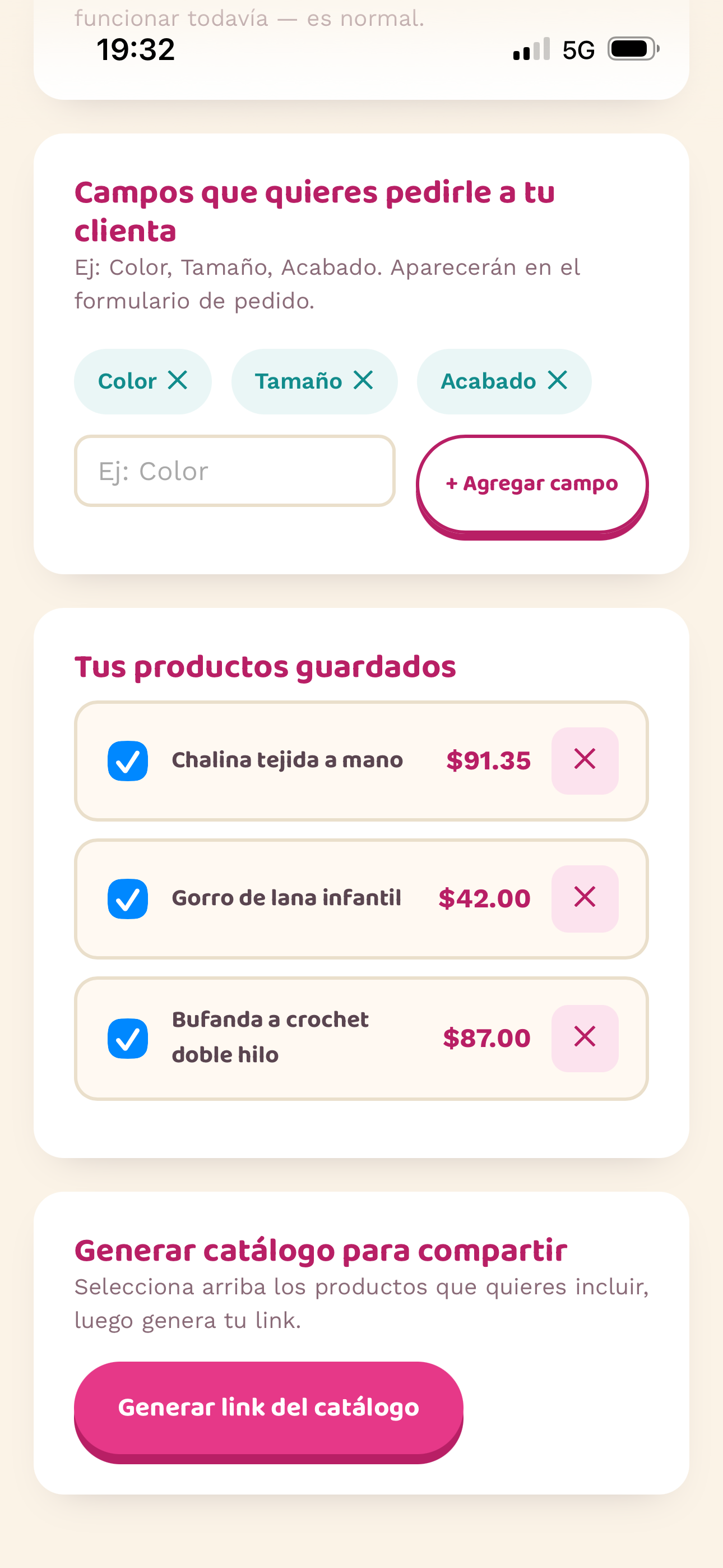 Panel de la artesana mostrando sus productos guardados listos para incluir en el catálogo