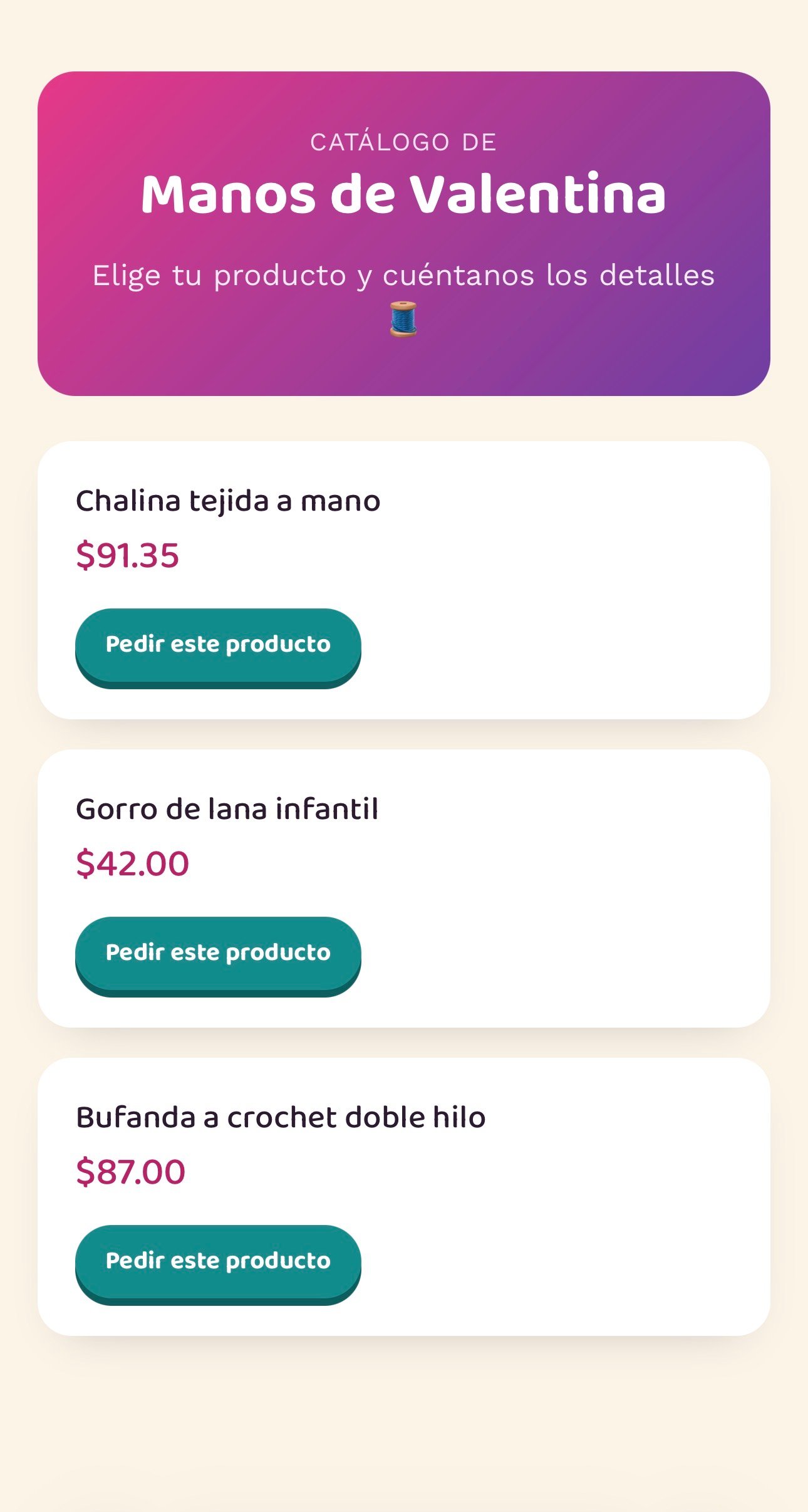 Catálogo visto por la clienta, con los productos y el botón para pedir por WhatsApp